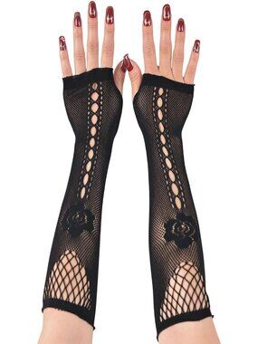 Women's Black Long Rose Pattern Fishnet Fingerless Gothic Cosplay Gloves